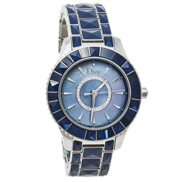 Pre Owned Dior Blue Mother Of Pearl Stainless Steel Christal CD143117 Women's Wristwatch 33 mm