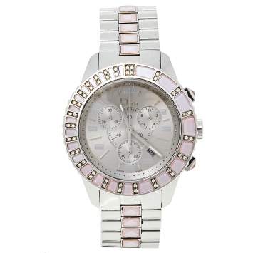 Pre Owned Dior Silver Stainless Steel Diamond Studded Pink Sapphire Christal CD114315M001 Women's Wristwatch 39 mm