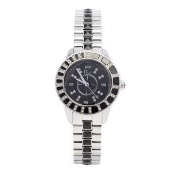 Pre Owned Dior Black Stainless Steel Diamonds Christal CD113115M001 Women's Wristwatch 34 mm