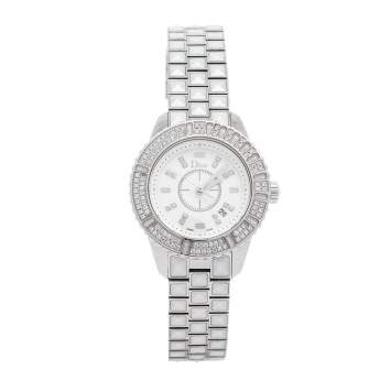 Pre Owned Dior White Stainless Steel Diamonds Christal CD113118M001 Women's Wristwatch 33 mm