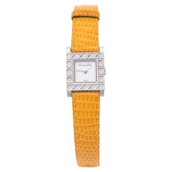 Pre Owned Christian Dior White Stainless Steel Leather La Parisenne D60109 Women's Wristwatch 19 mm
