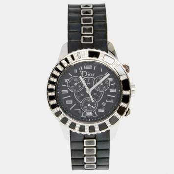 Pre Owned Dior Black Stainless Steel Rubber Diamond Christal CD11431E Women's Wristwatch 38 mm