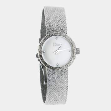 Pre Owned Dior White Mother of Pearl Stainless Steel Diamonds La D De Dior Satine CD047112M001 Women's Wristwatch 25 mm