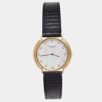 Pre Owned Christian Dior Mother Of Pearl Gold Plated Stainless Steel Lizard Leather Diamond D59-121-2 Women's Wristwatch 32 mm