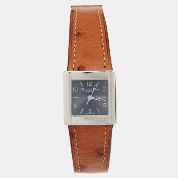 Pre Owned Dior Grey Stainless Steel Ostrich Leather Riva D80-100 Women's Wristwatch 23 mm 