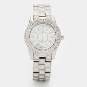 Pre Owned Dior White Diamond  Stainless Steel Christal CD112118 Women's Wristwatch 28 mm