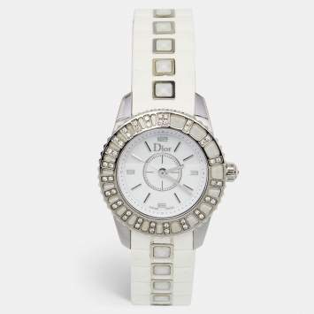 Dior White Stainless Steel Rubber Diamonds Christal CD112113R001 Women's Wristwatch 28 mm