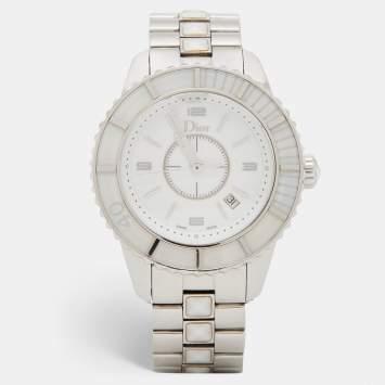 Pre Owned Dior White Stainless Steel Christal CD113111 Women's Wristwatch 33 mm
