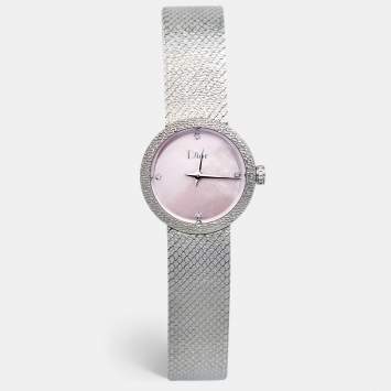 Pre Owned Dior Pink Mother of Pearl Stainless Steel Diamond La D De Dior Satine CD047112M002 Women's Wristwatch 25 mm