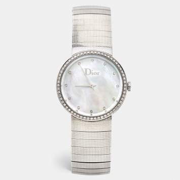 Pre Owned Dior Mother of Pearl Diamond Stainless Steel La D De Dior CD042111M002 Women's Wristwatch 33 mm