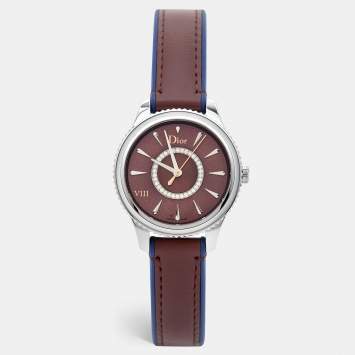 Dior Burgundy Mother Of Pearl Diamond Stainless Steel Leather VIII Place Vendome CD152110A002 Women's Wristwatch 32 mm