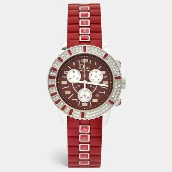 Pre Owned Dior Red Stainless Steel Diamond Rubber Christal CD11431BR001 Women's Wristwatch 38 mm
