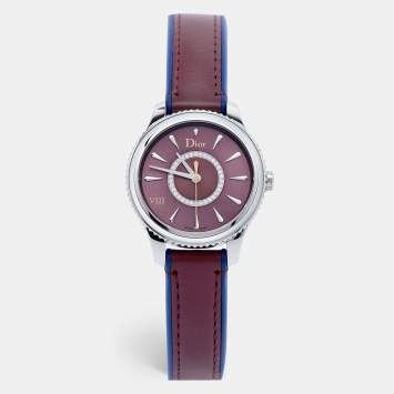Pre Owned Dior Burgundy Mother Of Pearl Diamond Stainless Steel Leather VIII Place Vendome CD152110A002 Women's Wristwatch 32 mm