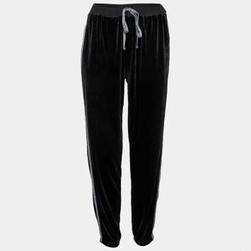 Pre Owned DKNY Black Velvet & Lurex Trimmed Track Pants L