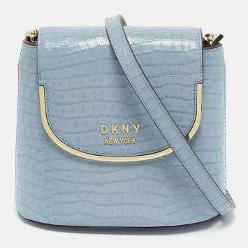 Pre Owned DKNY Light Blue Croc Embossed Leather Faith Flap Bucket Bag