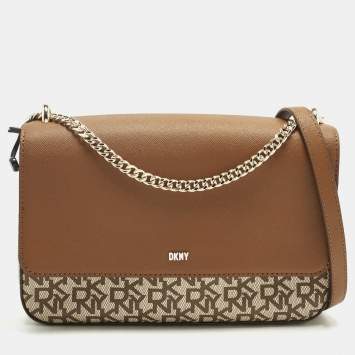 Pre Owned DKNY Bryant Park Medium Brown/Beige Signature Faux Leather Flap Shoulder Bag