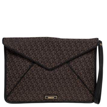 Pre Owned Dkny Brown/Black Canvas and Leather Wristlet Clutch