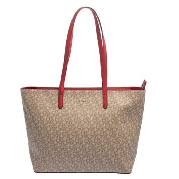 Pre Owned Dkny Beige/Red Signature Coated Canvas and Leather Large Bryant Tote