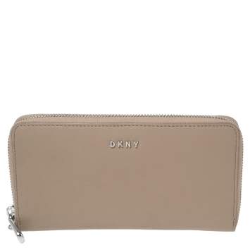 Pre Owned DKNY Taupe Leather Zip Around Wristlet Wallet