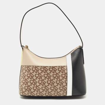 Pre Owned DKNY Beige and Black Signature Canvas and Leather Hobo