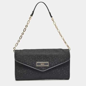 Pre Owned Dkny Black Monogram Canvas and Leather Envelope Flap Shoulder Bag