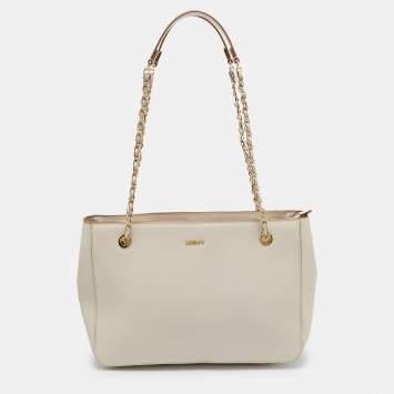 Pre Owned DKNY Ivory Leather Top Zip Chain Tote