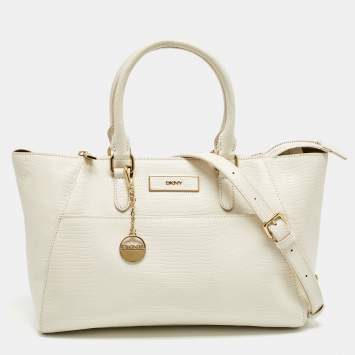 Pre Owned DKNY Off White Lizard Embossed Leather Top Zip Tote