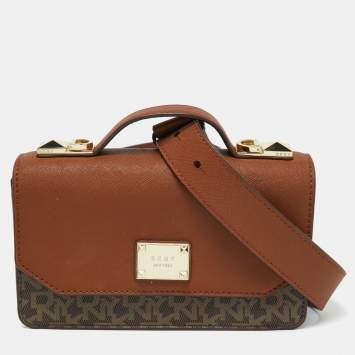 Pre Owned DKNY Brown Signature Coated Canvas and Leather Top Handle Bag