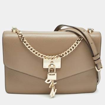 Pre Owned DKNY Dark Beige Leather Elissa Flap Shoulder Bag