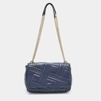 Pre Owned DKNY Navy Blue Quilted Leather Allen Flap Shoulder Bag