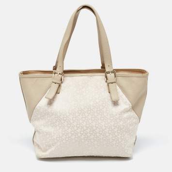 Pre Owned Dkny Cream/Beige Monogram Canvas and Leather Zip Tote