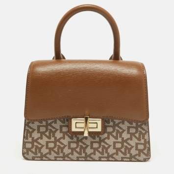 Pre Owned DKNY Brown/Beige Monogram Coated Canvas and Leather Flap Top Handle Bag