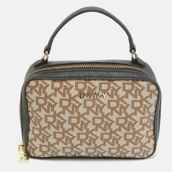 Pre Owned Dkny Black/Beige Monogram Coated Canvas and Leather Zip Top Handle Bag
