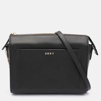 Pre Owned DKNY Black Leather Top Zip Crossbody Bag