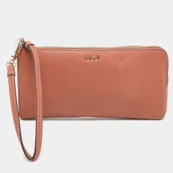 Pre Owned DKNY Old Rose Leather Zippy Wristlet Clutch