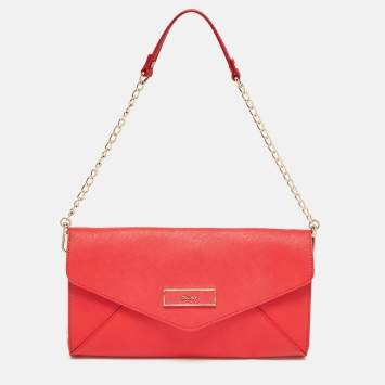 Pre Owned DKNY Red Leather Logo Flap Shoulder Bag