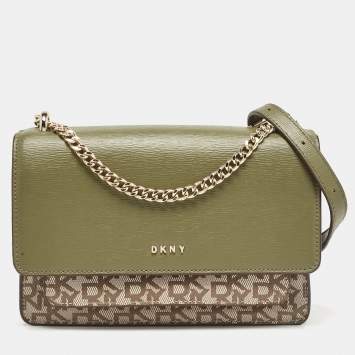 مملوكة مسبقًا Dkny Green/Beige Monogram Coated Canvas and Leather Flap Chain Shoulder Bag