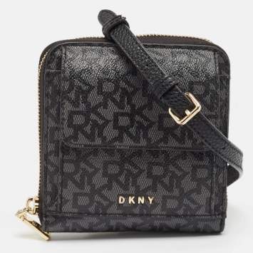 Pre Owned DKNY Black/Grey Signature Coated Canvas Mini Zip Around Olive Crossbody Bag