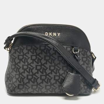 Pre Owned Dkny Black Monogram Coated Canvas and Leather Dome Crossbody Bag