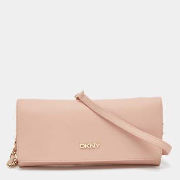 DKNY Pink Saffiano Leather Flap Wallet on Chain