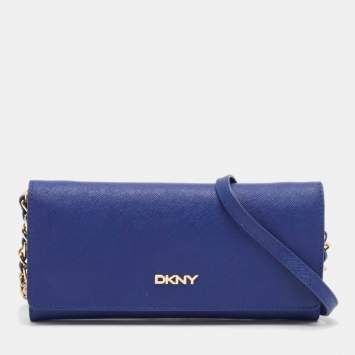 Pre Owned DKNY Blue Leather Logo Flap Wallet On Chain