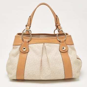 Pre Owned DKNY Beige/Brown Monogram Canvas and Leather Front Zip Tote