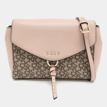 Pre Owned Dkny Beige/Pink Signature Coated Canvas and Leather Shoulder Bag