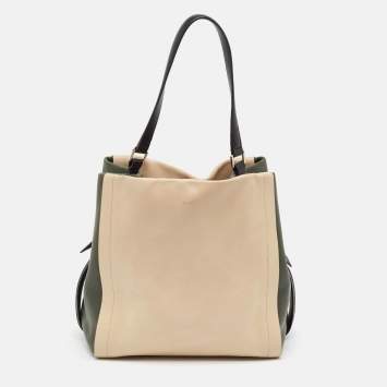 Pre Owned DKNY Beige/Fatigue Green Leather Hobo