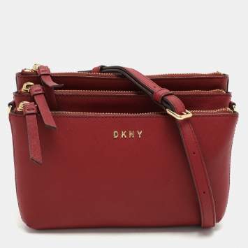 Pre Owned DKNY Burgundy Leather Triple Zip Crossbody Bag