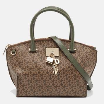 Pre Owned Dkny Khaki Brown/Green Monogram Coated Canvas and Leather Padlock Charm Satchel