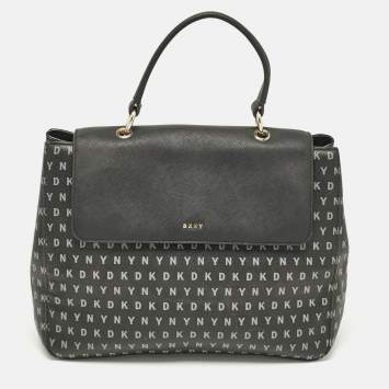 Pre Owned DKNY Black Signature Coated Canvas and Leather Flap Top Handle Bag