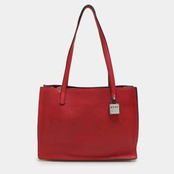 Pre Owned Dkny Red Leather Logo Embossed Tote