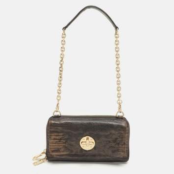 Dkny Brown Lizard Embossed Leather Chain Clutch