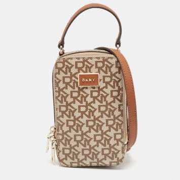 Pre Owned Dkny Brown/Beige Signature Coated Canvas and Leather Steffy Crossbody Bag